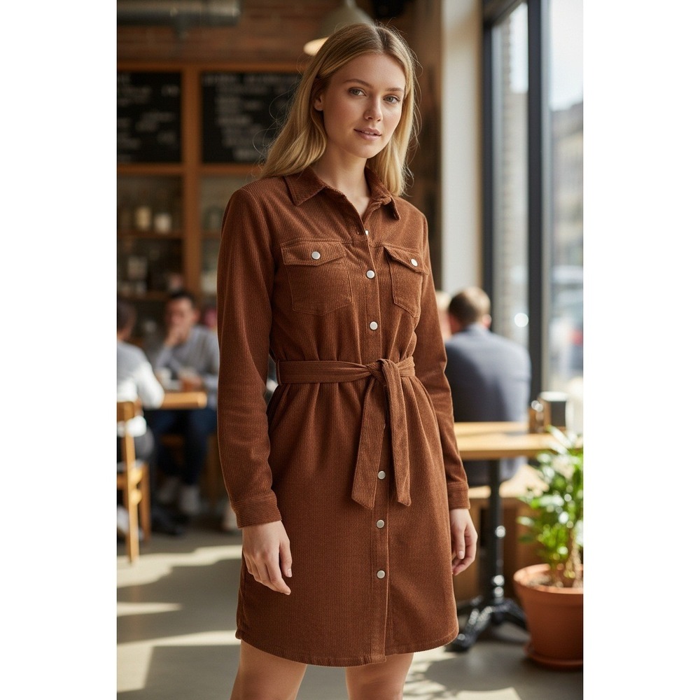 Kittenish Corduroy Shirt Dress Button‎ Front Belted Long Sleeve Brown Size Large